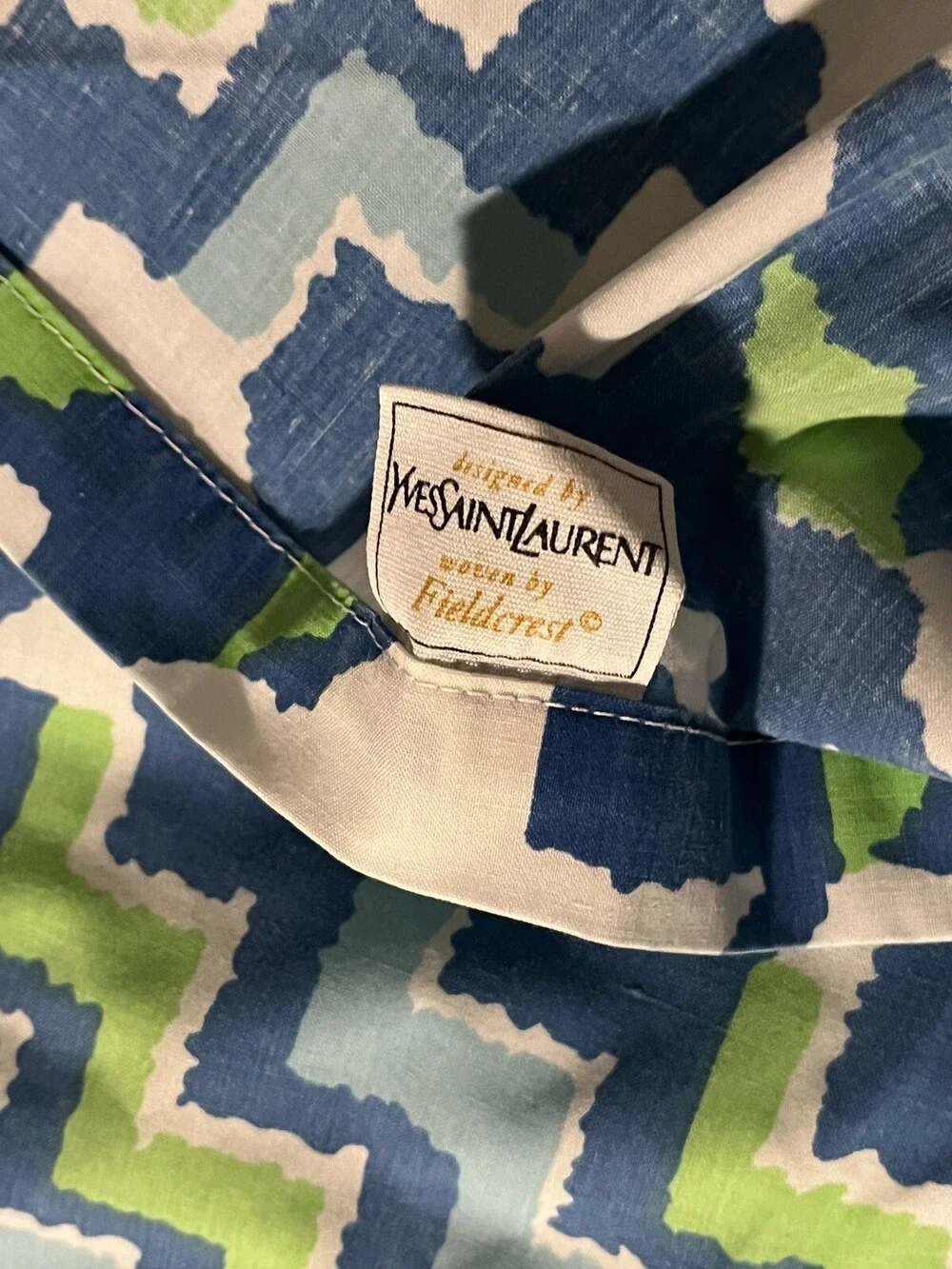 VTG Yves Saint Laurent Fieldcrest Blue Green Desert Song 70s King Flat Bed Sheet